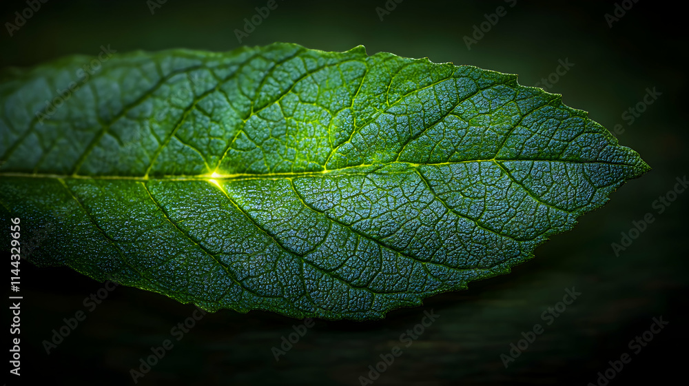 Close-up of a vibrant green leaf with glowing veins. Close-up of a vibrant green leaf with glowing veins.
