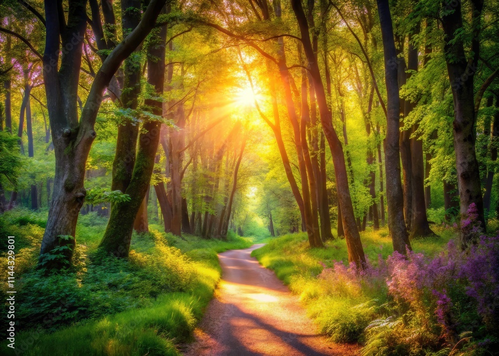 Naklejka premium Serene Forest Path: Dappled Sunlight Meditation Photography, Spiritual Nature Walk, Peaceful Woodscape