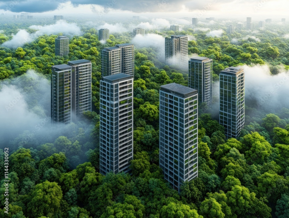 Obraz premium Discover an aerial view of a sustainable city seamlessly blending nature and technology, with wind and solar integration This captivating image showcases renewable power sources, symbolizing a vision