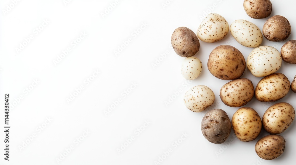 A rustic arrangement of washed organic potatoes in varying sizes, isolated cleanly against a white background A rustic arrangement of washed organic potatoes in varying sizes, isolated cleanly against a white background