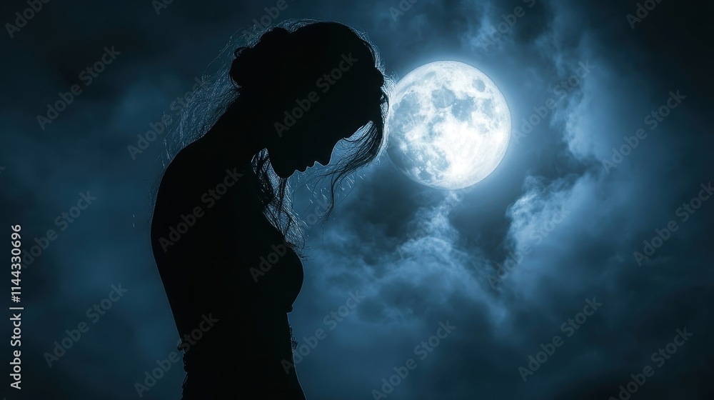 Silhouette of Woman Against Full Moon in Cloudy Night Sky Creating a Mysterious and Dreamlike Atmosphere Silhouette of Woman Against Full Moon in Cloudy Night Sky Creating a Mysterious and Dreamlike Atmosphere