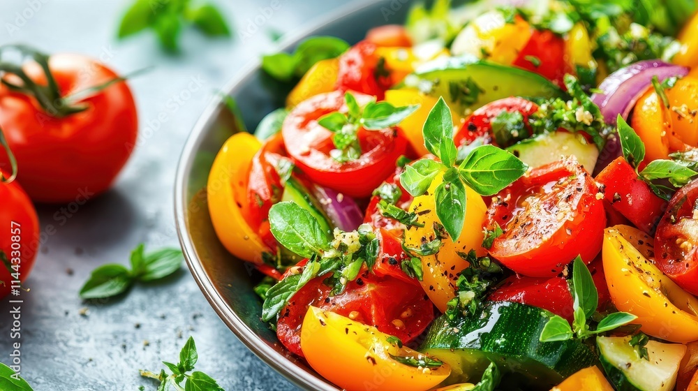Fresh Colorful Vegetable Salad with Herbs and Dressing in Bowl on Rustic Table Fresh Colorful Vegetable Salad with Herbs and Dressing in Bowl on Rustic Table