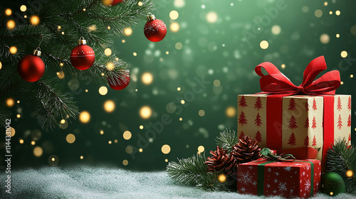 Christmas decorations background with tree and box, empty space for design and teks celebration  photo