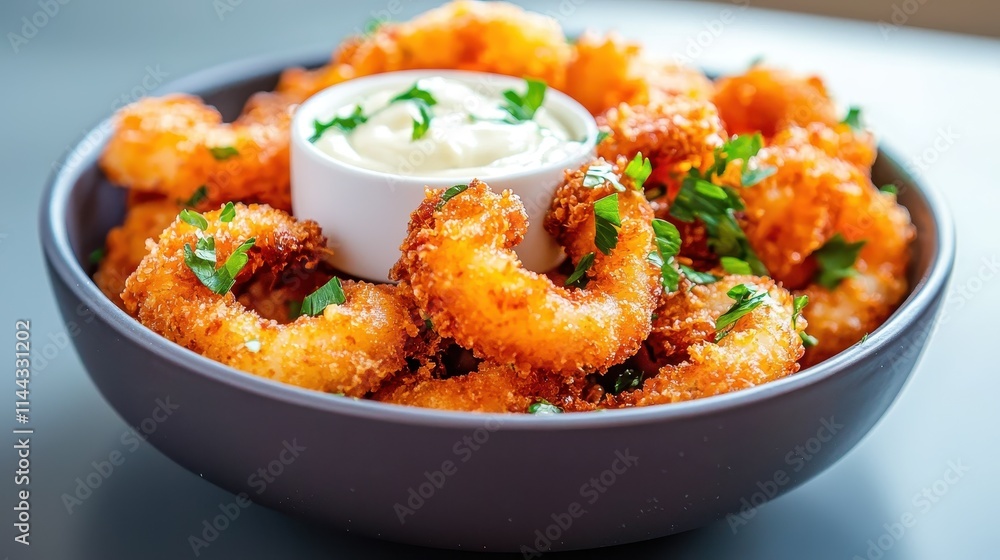 Crispy Fried Shrimp with Garlic Sauce and Fresh Parsley Garnish in Bowl Crispy Fried Shrimp with Garlic Sauce and Fresh Parsley Garnish in Bowl