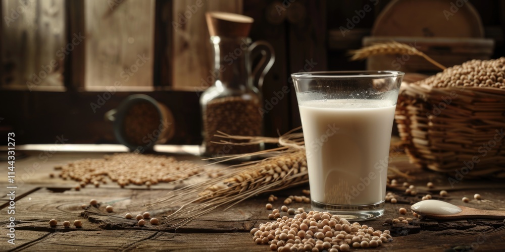 Milk in a glass amidst grains and cereals on rustic table. Traditional dairy setting at farm. Milk in a glass amidst grains and cereals on rustic table. Traditional dairy setting at farm.