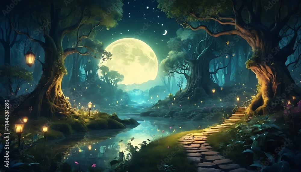 Fantasy landscape, magical night, fairy tale forest. Digital art, ai artwork, background or wallpaper Fantasy landscape, magical night, fairy tale forest. Digital art, ai artwork, background or wallpaper