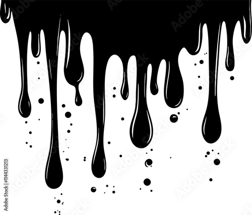 A dynamic illustration of black paint dripping and splattering, ideal for creative designs and artistic backgrounds.