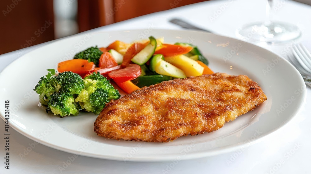 Crispy Breaded Fish Fillet with Fresh Vegetables on Elegant Dining Table Crispy Breaded Fish Fillet with Fresh Vegetables on Elegant Dining Table