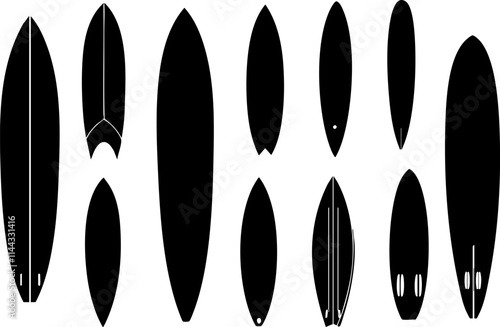 A collection of various surfboard silhouettes showcasing different shapes and sizes, ideal for surfing enthusiasts and design projects.