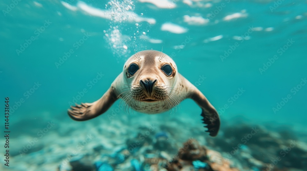 Fototapeta premium A happy seal glides effortlessly through the clear blue ocean water, embodying freedom and the beauty of untouched marine environments beneath the waves.
