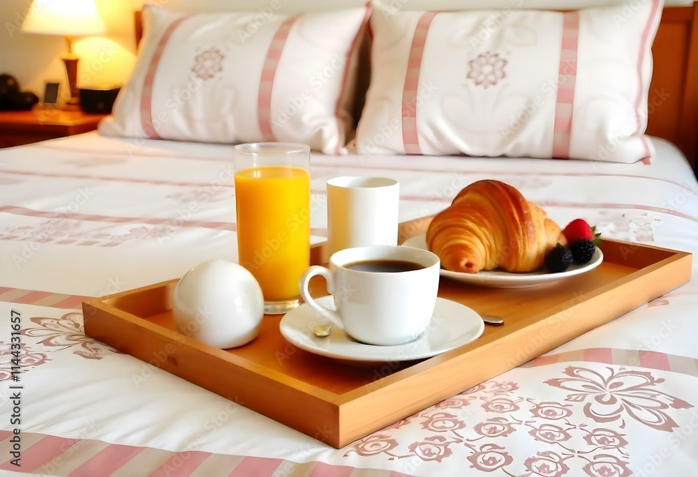A breakfast tray with a cup of coffee , a glass of orange juice , and a croissant on a bed with patterned bedding. A breakfast tray with a cup of coffee , a glass of orange juice , and a croissant on a bed with patterned bedding.