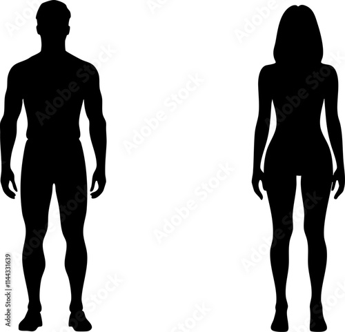 Silhouette illustrations of a man and woman standing side by side, showcasing human body shapes in a minimalist design.