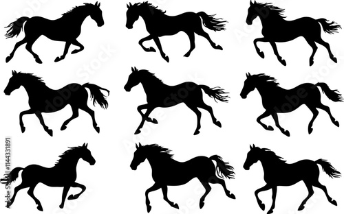 A collection of black silhouette horses in various running poses, showcasing elegance and dynamic movement, ideal for equestrian themes.