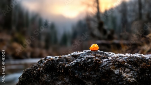 A single, glowing piece of amber rests upon a picturesque outdoor rock surrounded by a serene natural background, symbolizing purity and tranquility.