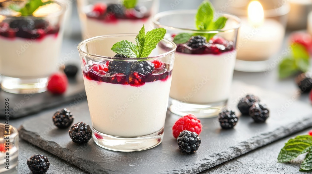 Exquisite Dessert with Berries and Mint Leaves Served in Elegant Glasses Exquisite Dessert with Berries and Mint Leaves Served in Elegant Glasses