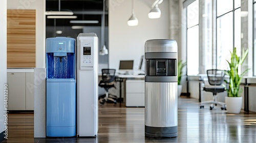 A side-by-side comparison of a traditional and modern water cooler in an office breakroom photo