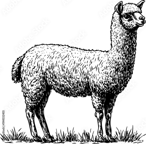 A detailed illustration of a llama standing on grass, showcasing its fluffy fur and unique features.