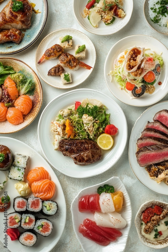 Variety of dishes including sushi, salad, meat and seafood delicacies from different Asian cuisines. Variety of dishes including sushi, salad, meat and seafood delicacies from different Asian cuisines.