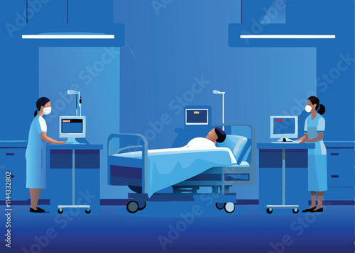 Design a clean, minimalist vector illustration of a modern hospital room featuring a patient resting in bed, incorporating medical equipment subtly.