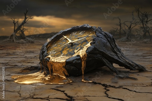 A golden clock melts into a cracked, barren earth, symbolizing the passage of time and environmental decay.