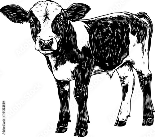 A detailed sketch of a young calf, showcasing its features and textures, perfect for agricultural themes and farm-related projects.