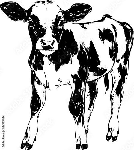 A cute black and white illustration of a calf, representing farm life and livestock in a rural setting.