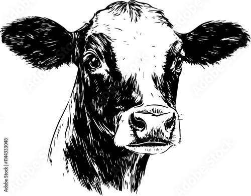 A detailed black and white illustration of a cow's head, showcasing its features and expression, ideal for farm-related themes.