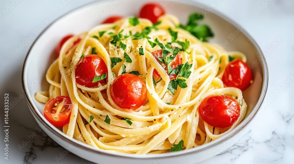 Delicious Pasta Dish with Cherry Tomatoes and Fresh Parsley on Marble Surface Delicious Pasta Dish with Cherry Tomatoes and Fresh Parsley on Marble Surface