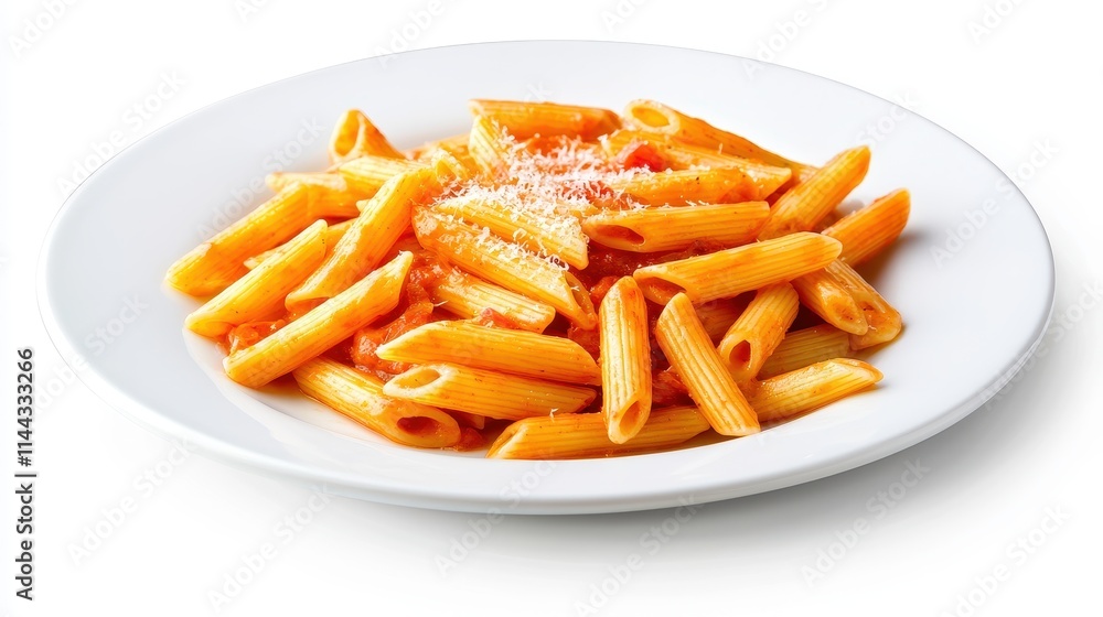 Delicious Penne Pasta with Tomato Sauce and Parmesan Cheese on a White Plate Delicious Penne Pasta with Tomato Sauce and Parmesan Cheese on a White Plate