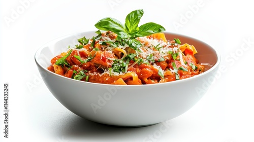 Delicious Fresh Pasta Dish with Tomato Sauce and Basil Leaves in a White Bowl