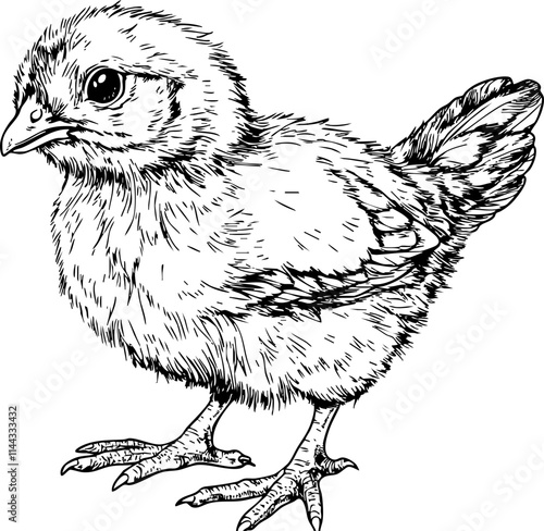 A detailed black and white illustration of a cute young chick, showcasing its feathers and features in a natural setting.