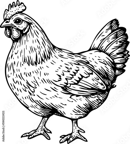 A detailed illustration of a hen standing on the ground, showcasing its feathers and farm life context.