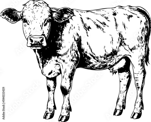 A detailed black and white illustration of a cow, representing livestock and farm life, ideal for agricultural themes.