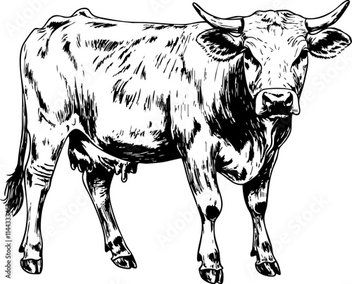 A vintage black and white illustration of a cow, representing farm life and agriculture.