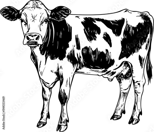 A detailed sketch of a cow, showcasing its distinctive black and white markings, perfect for farm-themed designs.