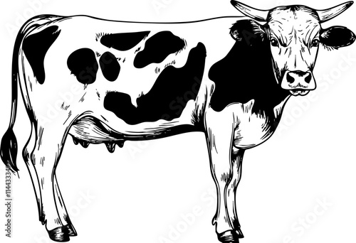 A detailed illustration of a cow, showcasing its distinctive black and white markings, ideal for agricultural themes.