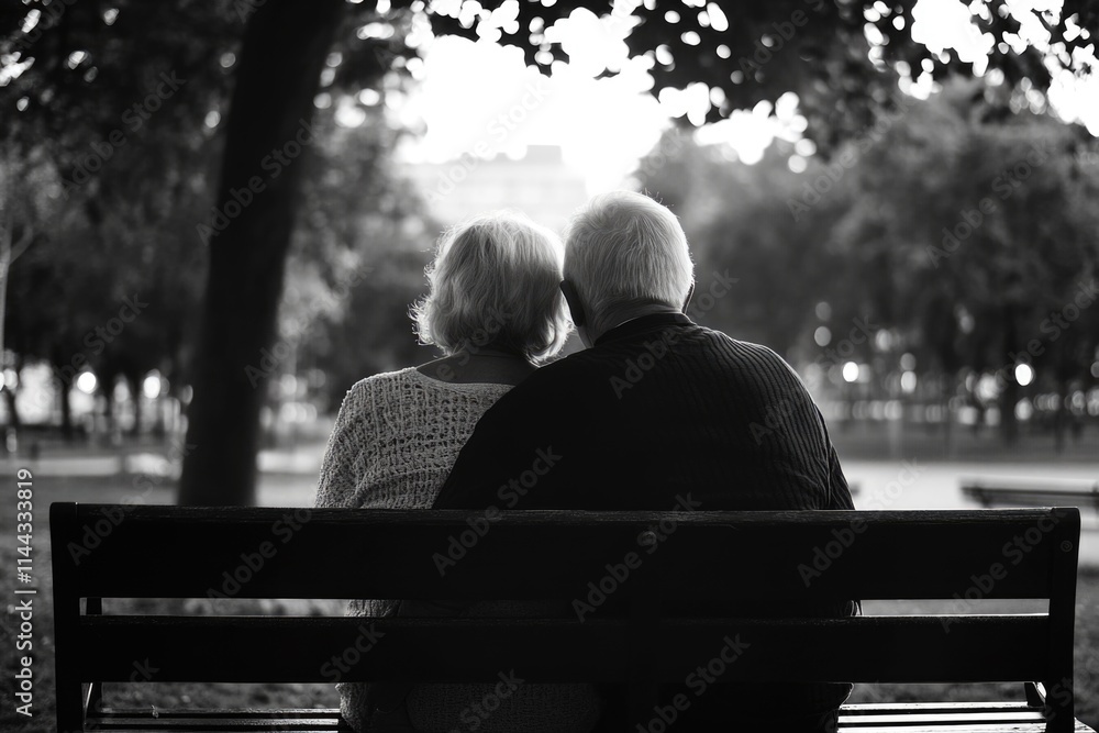 An elderly couple sharing a peaceful moment together on a bench in an urban park. An elderly couple sharing a peaceful moment together on a bench in an urban park.