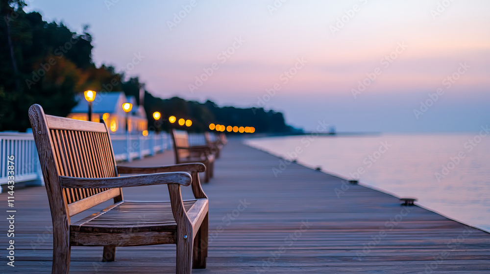 Wooden benches on serene coastal boardwalk at sunset with warm glowing lights Wooden benches on serene coastal boardwalk at sunset with warm glowing lights