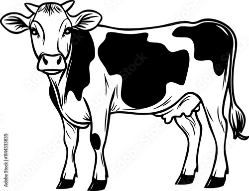 A simple black and white illustration of a cow, ideal for farm-related themes and dairy products.