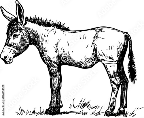 A detailed sketch of a donkey standing in profile, showcasing its unique features and rural charm.