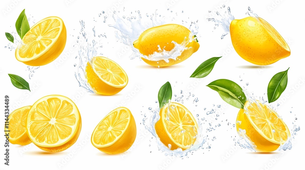 Fresh and Juicy Lemons Set with Splashes of Water and Bright Green Leaves Perfect for Food Illustrations, Healthy Lifestyle Concepts, and Summer Refreshments Fresh and Juicy Lemons Set with Splashes of Water and Bright Green Leaves Perfect for Food Illustrations, Healthy Lifestyle Concepts, and Summer Refreshments