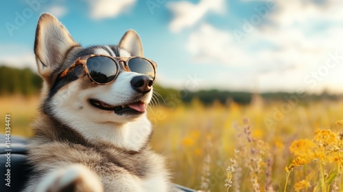 A relaxed husky with sunglasses basks in the beauty of a flower field, embodying a serene and chill atmosphere with its tongue playfully out.