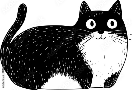 A cute cartoon illustration of a chubby black and white cat with big eyes and a playful expression.