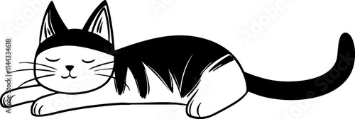 A cute, cartoon-style illustration of a sleeping cat in black and white, ideal for pet-related designs.