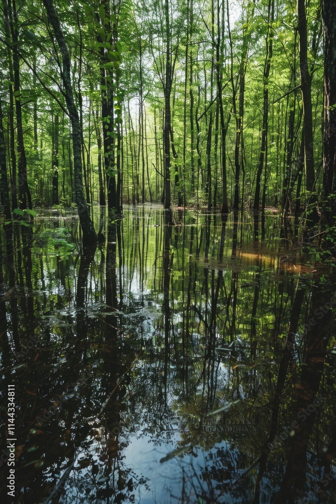 Landscape of a flooded forest, still waters reflecting green trees and shrubbery. Landscape of a flooded forest, still waters reflecting green trees and shrubbery.
