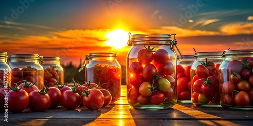 Silhouette of Canning: Autumn Harvest - Red Tomatoes, Glass Jars, and Mechanical Capper photo