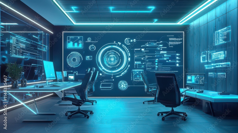 Futuristic Office Space with Advanced Technology and Neon Accents Futuristic Office Space with Advanced Technology and Neon Accents