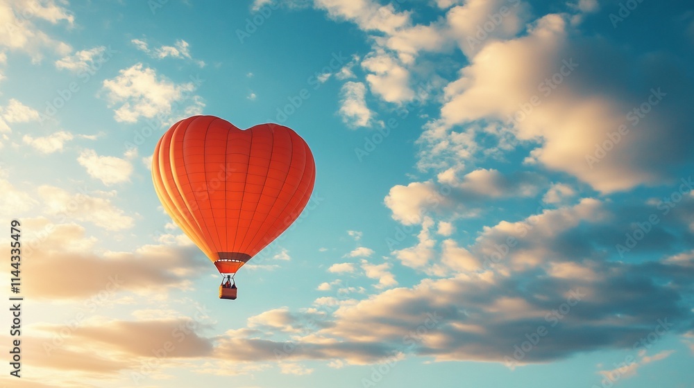 Naklejka premium Heart-shaped hot air balloon soaring in a vibrant sunset sky.