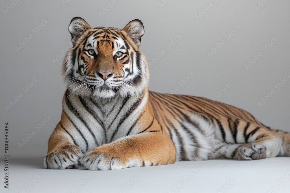 Obraz premium Majestic tiger resting gracefully on a light gray background, showcasing its vibrant orange and black stripes.