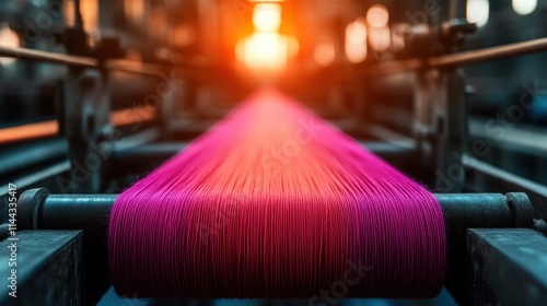 A single strand of vivid thread runs through a vibrant loom in a glowing ambiance, highlighting the precision and dedication involved in textile craftsmanship. photo